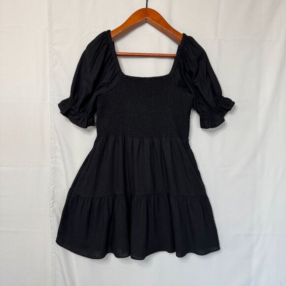 Madewell Black Linen-Blend Lucie Short Puff Sleeve Smocked Mini Dress Size L - Picture 9 of 15